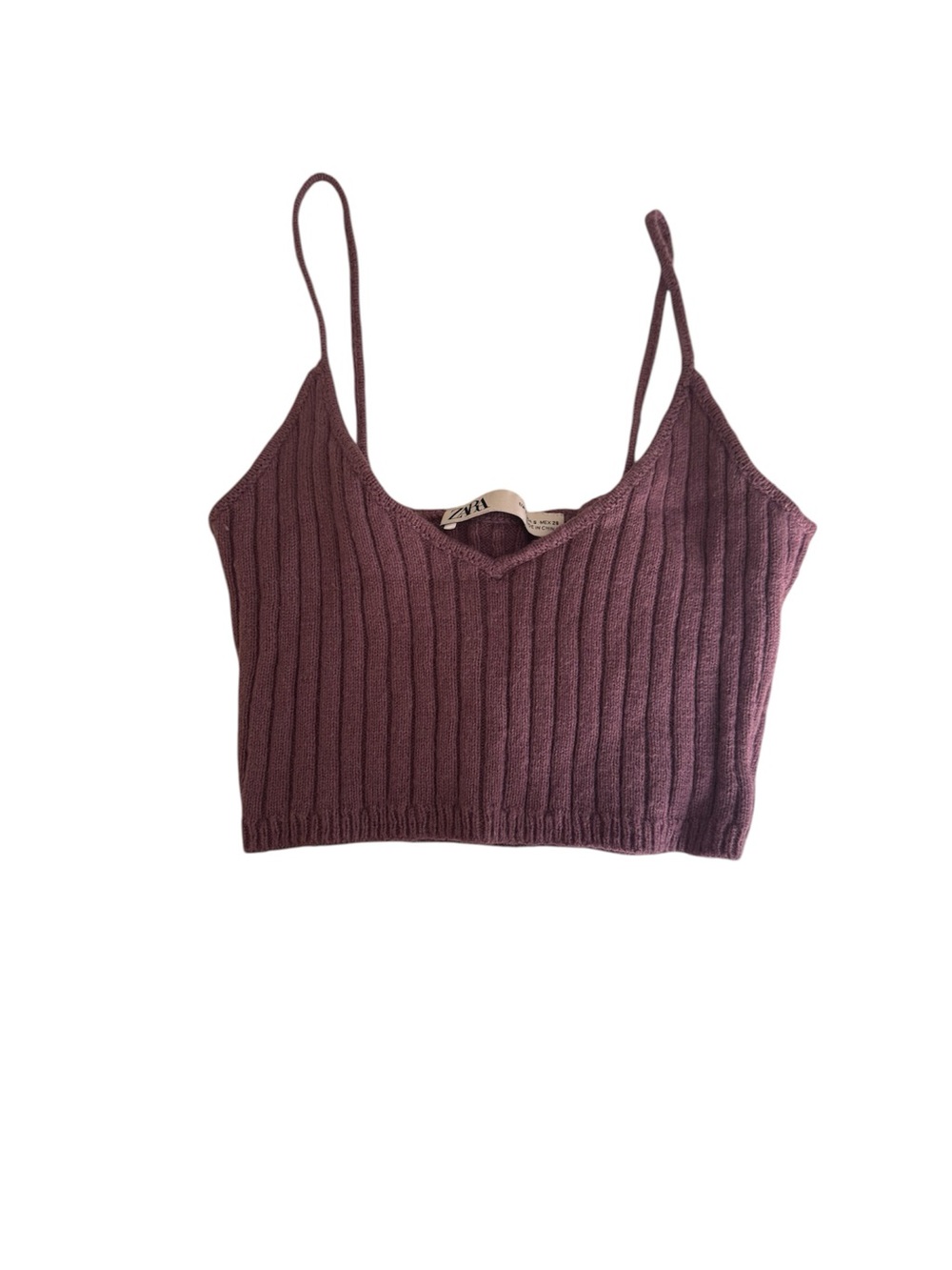 Zara Ribbed Knit Spaghetti Strap Crop Top - Plum